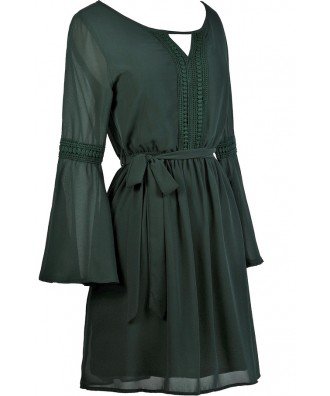 Green Bell Sleeve Dress, Cute Boho Dress, Cute Fall Dress, Forest Green Dress Lily Boutique