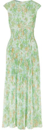 Pleated Floral-print Crepe De Chine Midi Dress - Light green