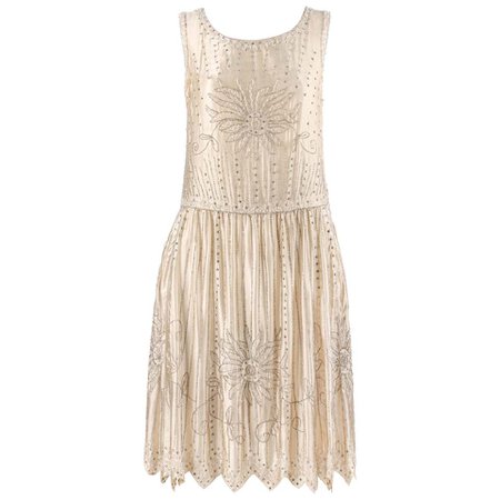 Couture c.1920’s Champagne Silk Floral Glass Beaded Rhinestone Flapper Dress For Sale at 1stdibs