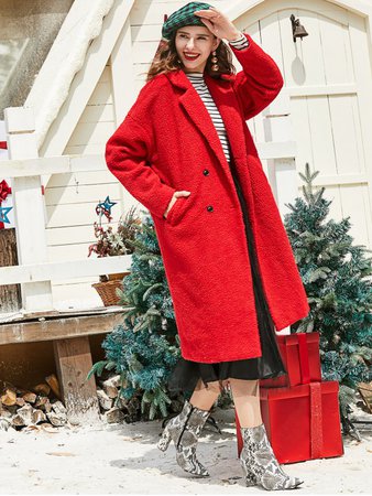 ZAFUL Lapel Christmas Double Breasted Pockets Teddy Coat In CHESTNUT RED | ZAFUL