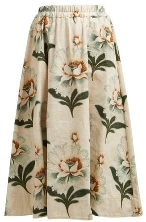 By Walid - Daisy Floral Print Cotton Canvas Midi Skirt - Womens - Green Print
