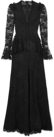 Cotton-blend Lace Peplum Gown - Black
