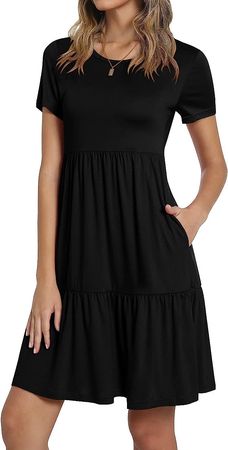 TAOHUADAO Women's 2023 Summer Casual Tshirt Dresses Short Sleeve Ruffle Swing Dress with Pockets Medium, Black at Amazon Women’s Clothing store