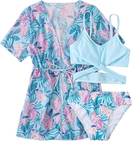 SOLY HUX Girl's Tropical Print Bikini Bathing Suit with Kimono 3 Piece Swimsuits Multicoloured 140 : Clothing, Shoes & Jewelry