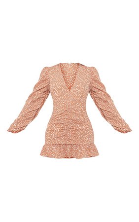 Rust Dalmatian Pleated Sleeve Plunge Bodycon Dress | PrettyLittleThing USA