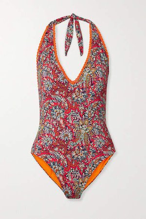 Crochet-trimmed Paisley-print Halterneck Swimsuit - Coral