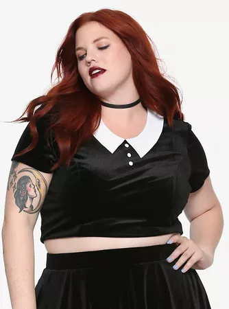 Black & White Collar Short-Sleeve Girls Crop Top Plus Size