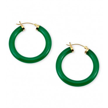 Large 14k Yellow Gold Round Green Jade Hoop Earrings - Earrings