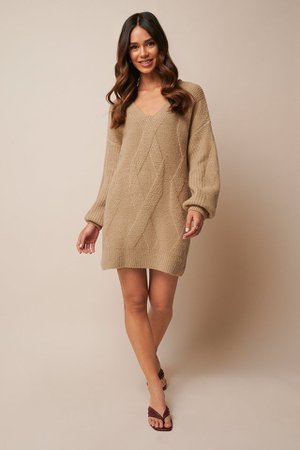 Braided Cable Knitted Dress Beige | na-kd.com