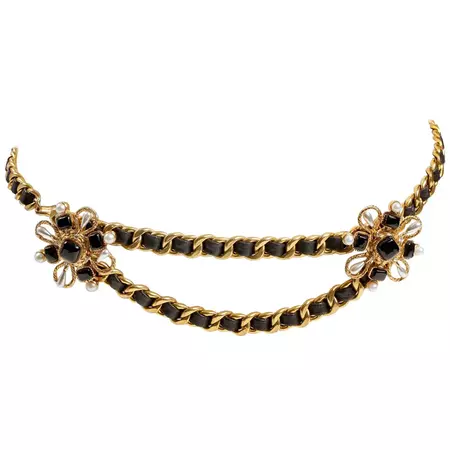Chanel Black Enamel and Pearl Camellia Double Chain Belt For Sale at 1stDibs | chanel chain belt