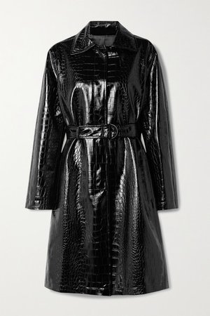 Belted Croc-effect Vegan Patent-leather Coat - Black