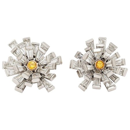Vivid Yellow Diamond Gold Platinum Cluster Earrings For Sale at 1stdibs