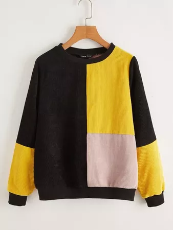 Colorblock Rib-knit Cord Pullover | SHEIN USA black