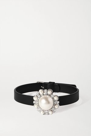 Black Leather, faux pearl and crystal choker | Alessandra Rich | NET-A-PORTER