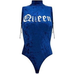 Electric Blue Queen Slogan Velvet Tie Side Thong Bodysuit ($25)
