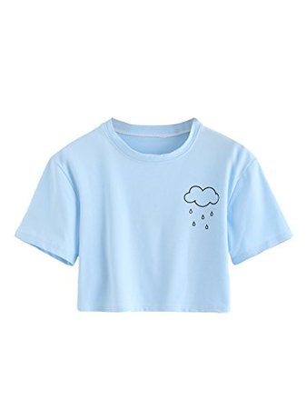 Light Blue T Shirt Crop Top with Rain Cloud Graphic