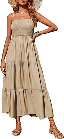 PRETTYGARDEN Women's Summer Maxi Dress Casual Boho Sleeveless Spaghetti Strap Smocked Tiered Long Beach Sun Dresses Khaki at Amazon Women’s Clothing store