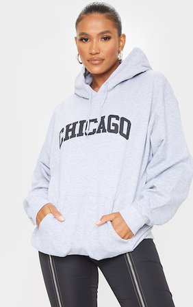 Grey Chicago Printed Hoodie | Tops | PrettyLittleThing USA