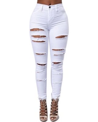 High Waisted Stretch White Ripped Skinny Jeans Butt Lift Distressed Denim Long Pants