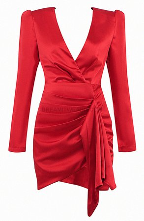 Long Sleeve Ruched Satin Dress Red - Luxe Dresses and Celebrity Inspired Dresses
