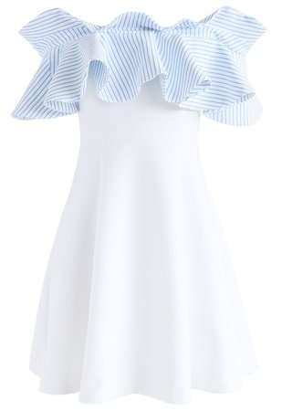 Nifty Breeze Off-shoulder Dress in Blue Stripe - Retro, Indie and Unique Fashion