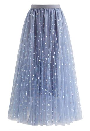 Iridescent Hearts Mesh Tulle Midi Skirt in Blue - Retro, Indie and Unique Fashion