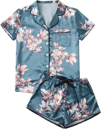 WDIRARA Women's Satin Sleepwear Short Sleeve Button Shirt and Shorts Pajama Set Silky PJ Striped Pink S at Amazon Women’s Clothing store
