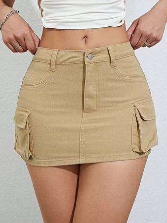 Amazon.com: WDIRARA Women's Low Waist Button Bodycon Mini Cargo Denim Skirt with Pocket Khaki S : Clothing, Shoes & Jewelry