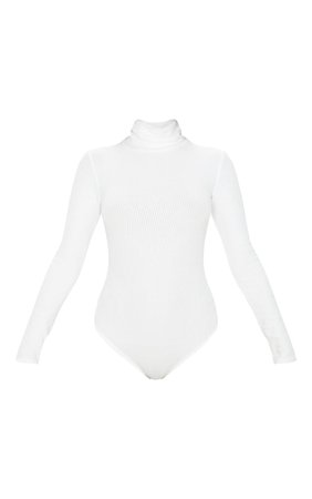 White Brushed Rib Roll Neck Long Sleeve Bodysuit | PrettyLittleThing USA