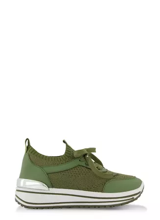 Lace Up Wedge Sneakers - Olive