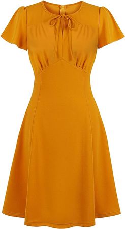 Wellwits Women's Pumpkin Orange Tie Neck Ruched A Line Vintage Dress L at Amazon Women’s Clothing store