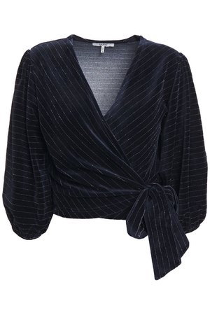 GANNI Metallic-trimmed striped velvet wrap blouse