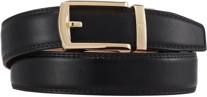 Tonywell Mens Leather Ratchet Belts with Open Buckle Perfect Fit Dress Belt 30mm Wide (One Size:32"-45" Waist, Black Leather & Gold Metal Buckle) at Amazon Men’s Clothing store