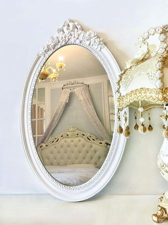 Amazon.com: Basswood Hunters 25"x 16" Large Oval Vintage Decorative Wall Mirror, White Wooden Crown Frame, Antique Princess Decor for Bedroom,Playroom,Dressers,Living Room : Home & Kitchen