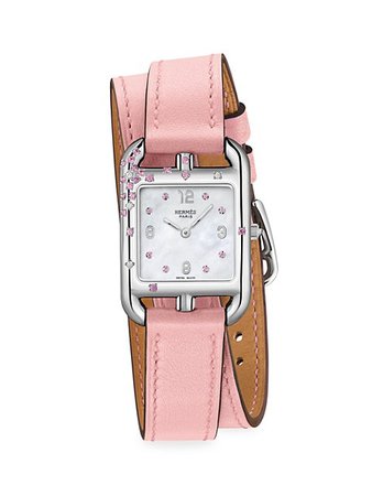 Shop HERMÈS Cape Cod Pink Sapphire, Diamond, Steel & Leather Strap Watch | Saks Fifth Avenue