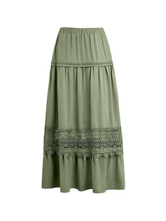 Green Boho Paneled Lace Maxi Skirt