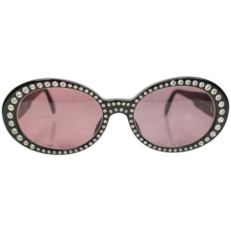 Vintage 90s Chanel Black Rhinestones Oval Frames Sunglasses For Sale at 1stDibs