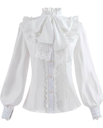 Nuoqi Women Lolita Lace Stand-Up Collar White Lotus Ruffle Shirt Retro Victorian Blouse GC238A-M at Amazon Women’s Clothing store