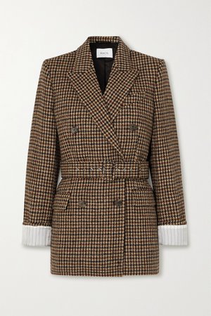 Brown Farrah belted double-breasted houndstooth wool-tweed blazer | Racil | NET-A-PORTER