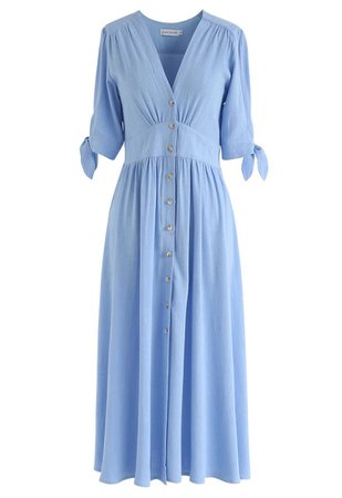 Summer Edition Button Down V-Neck Dress in Blue - Retro, Indie and Unique Fashion