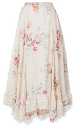 Navya Asymmetric Lace-trimmed Floral-print Washed-silk Skirt - Ivory