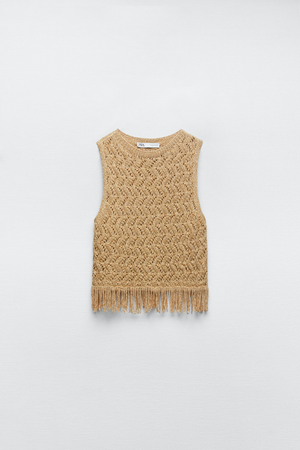 zara gold fringed crochet top