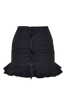 Black Woven Stretch Frill Ruched Front Mini Skirt | PrettyLittleThing USA