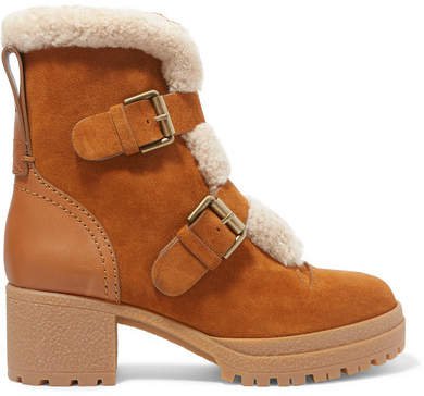 Shearling-trimmed Suede And Leather Ankle Boots - Tan