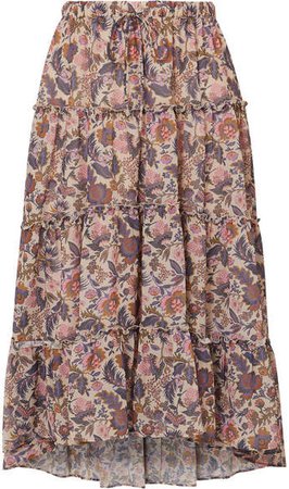 Ruffled Tiered Floral-print Georgette Midi Skirt - Ecru