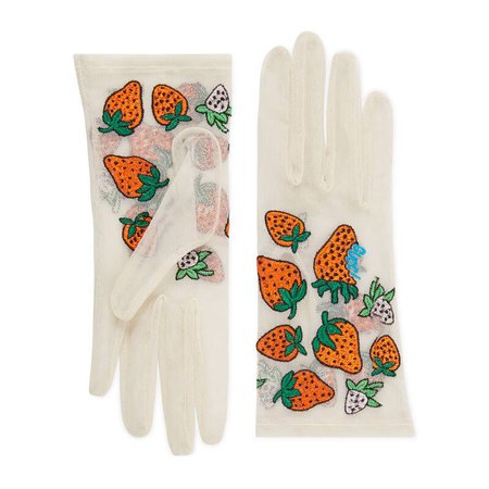 Gucci Tulle Gloves With Strawberry Motif In White | ModeSens