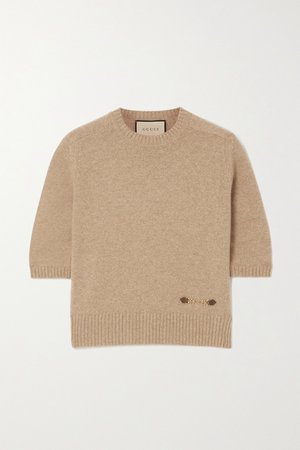 Brown Horsebit-detailed leather-trimmed cashmere sweater | Gucci | NET-A-PORTER