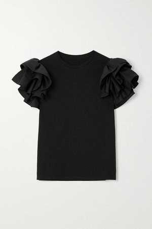 Ruffled Poplin-trimmed Cotton-jersey T-shirt - Black