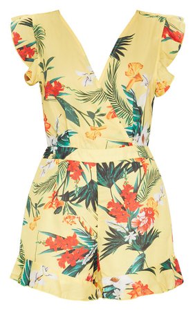 Yellow Tropical Tie Back Romper | PrettyLittleThing USA