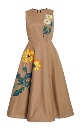 Hand-Painted Floral Cotton Midi Dress By Oscar De La Renta | Moda Operandi